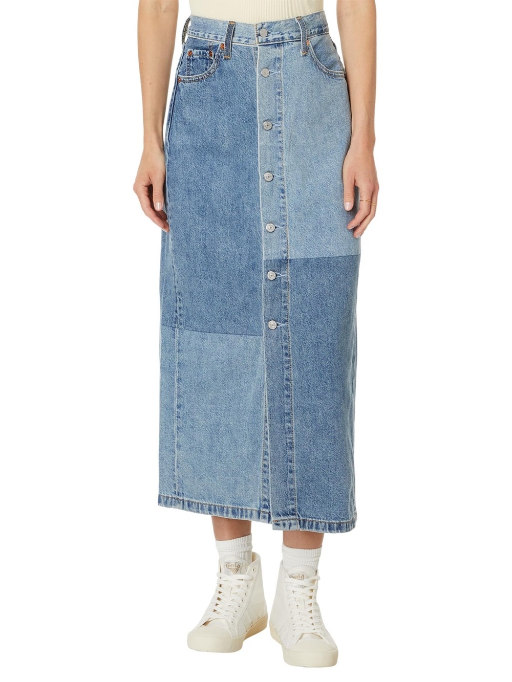 LEVIS PATCH MIDI SKIRT DENIM CLEAN CRAFT SIZE 28 WAIST LIKE NEW
